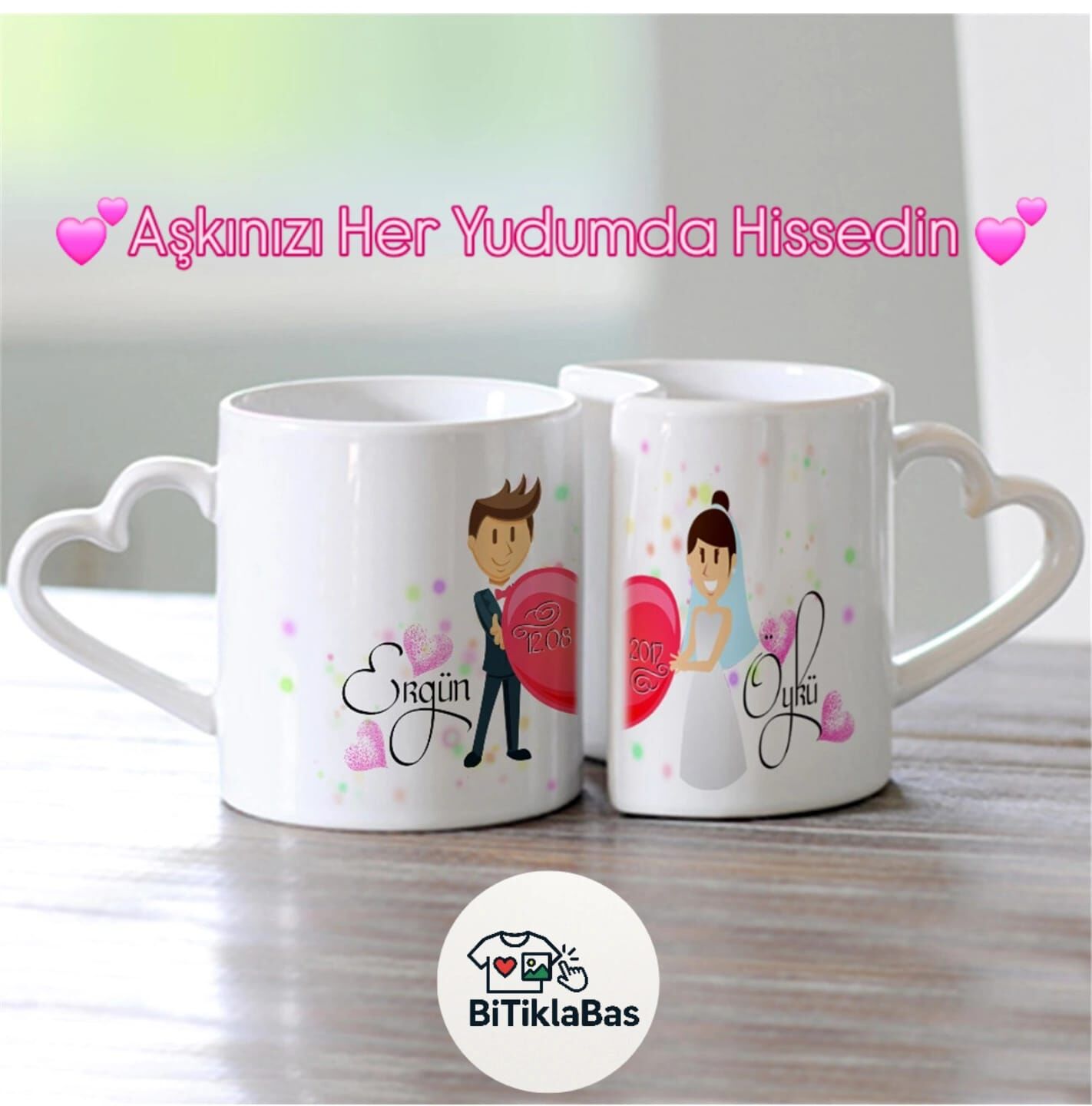 Kişiselleştirilebilir Kalp Kulplu Sevgili Kupa Seti - 2’li Set
