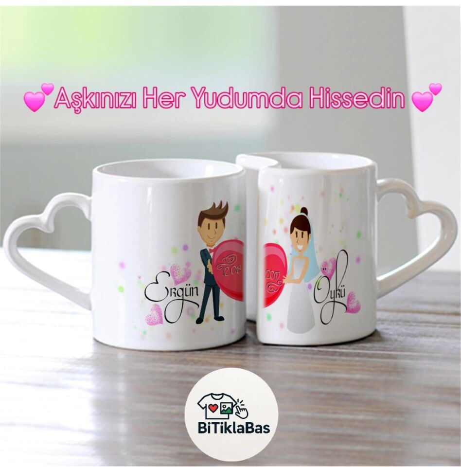 Kişiselleştirilebilir Kalp Kulplu Sevgili Kupa Seti - 2’li Set