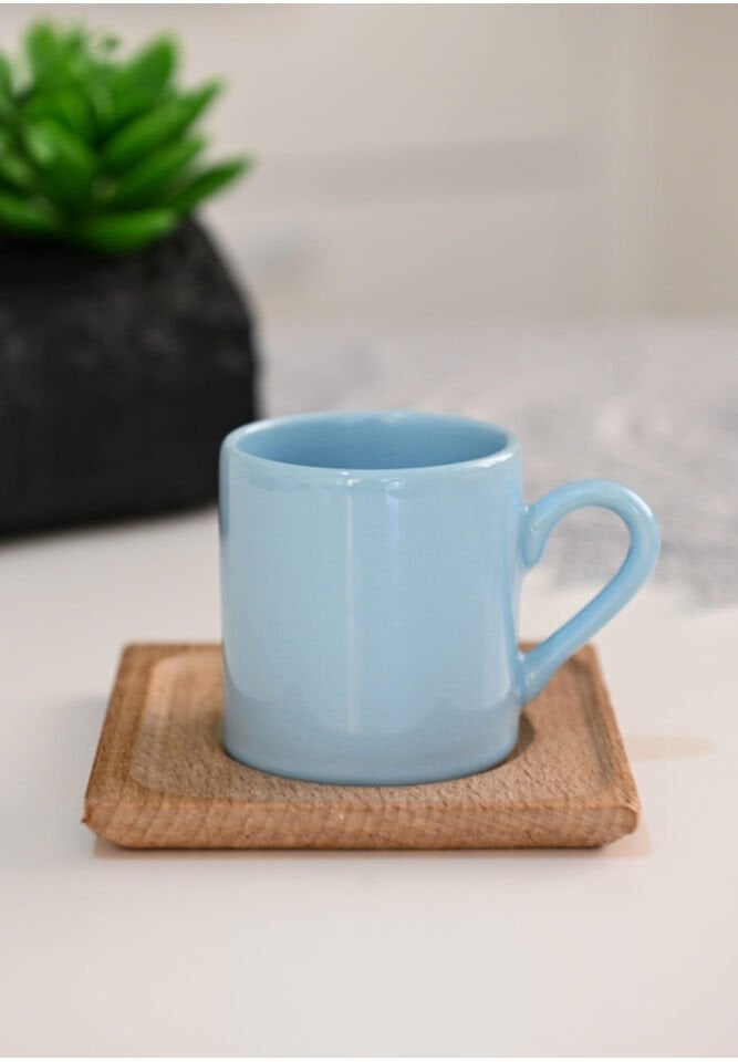 Kişiselleştirilebilir Pastel Mavi Ahşap Tabaklı Kahve Fincanı - Huzur Serisi