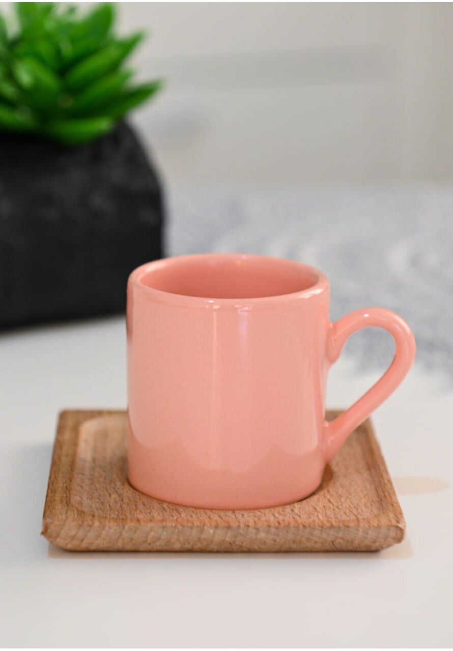 Kişiselleştirilebilir Pastel Pembe Ahşap Tabaklı Kahve Fincanı - Romantic Nature Serisi