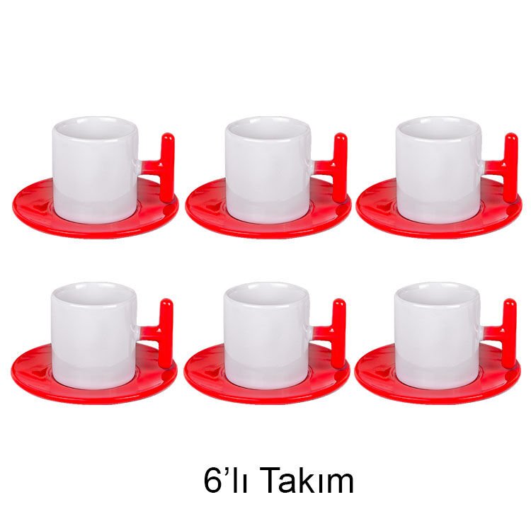 Kişiselleştirilebilir Modern T-Kulp 6'lı Kahve Fincanı Takımı - Kırmızı & Beyaz