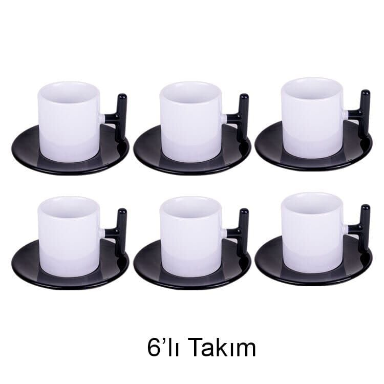 Kişiselleştirilebilir Modern T-Kulp 6'lı Kahve Fincanı Takımı - Siyah & Beyaz