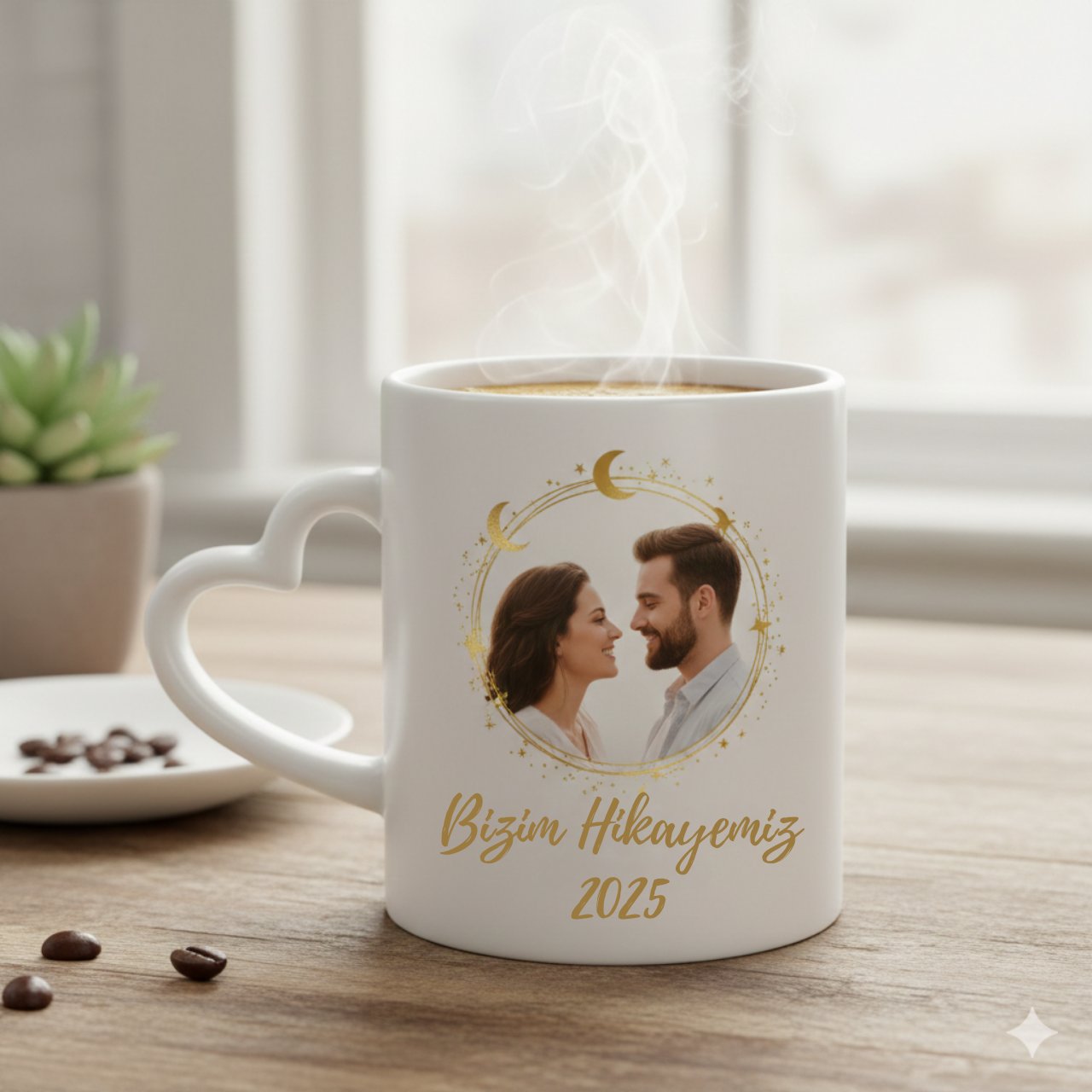 Kişiye Özel Kalp Kulplu Beyaz Seramik Kupa Bardak