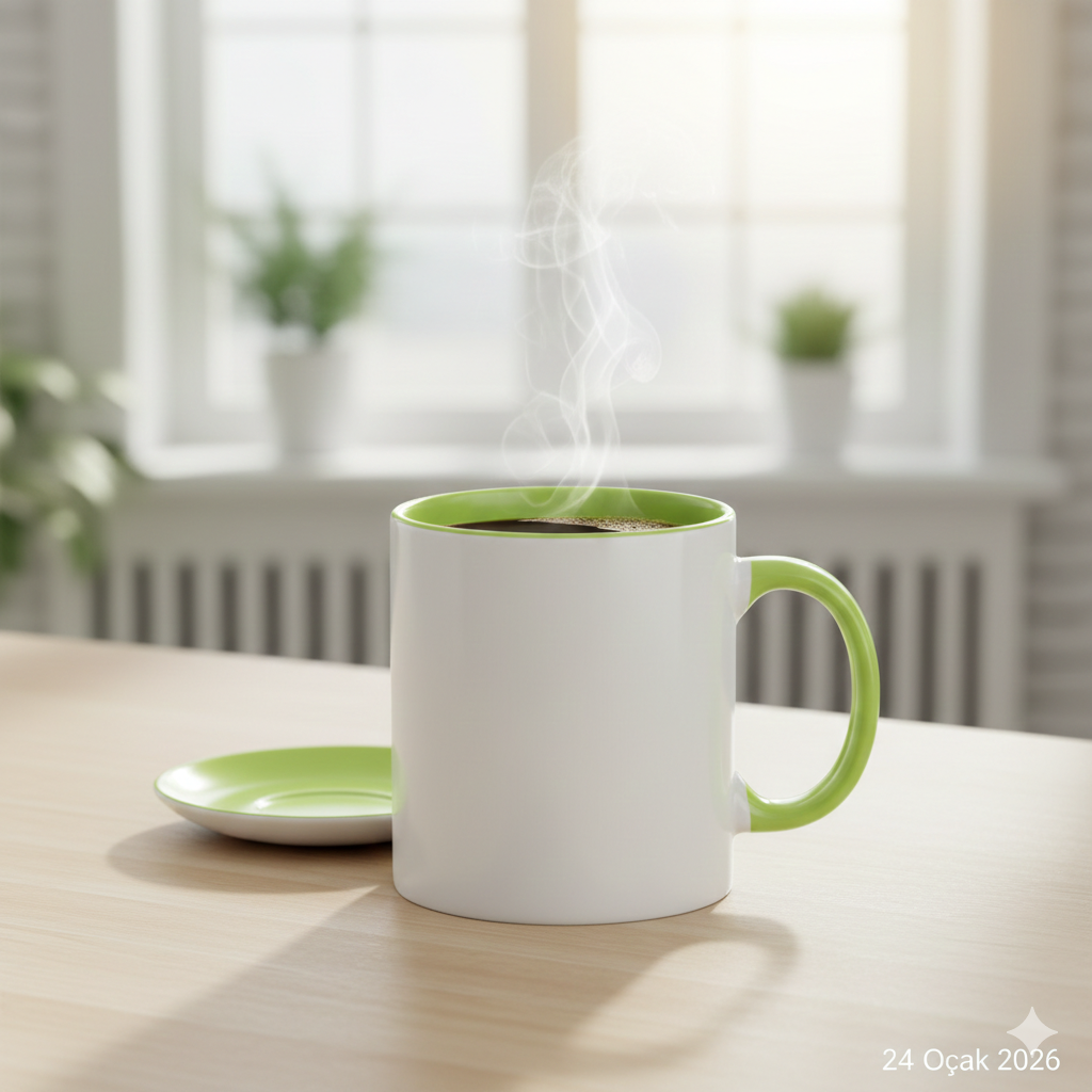 Kişiye Özel İçi ve Kulpu Yeşil Seramik Kupa Bardak - Sade ve Şık Tasarım