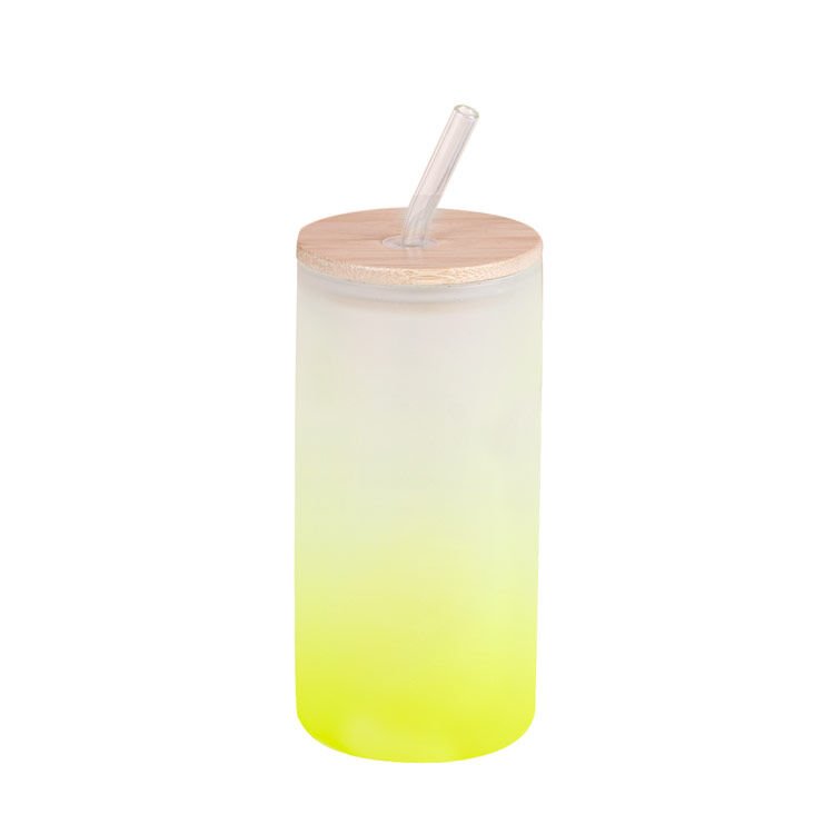 Cam Pipetli ve Bambu Kapaklı Renk Geçişli Cam Suluk (600 ml) SARI