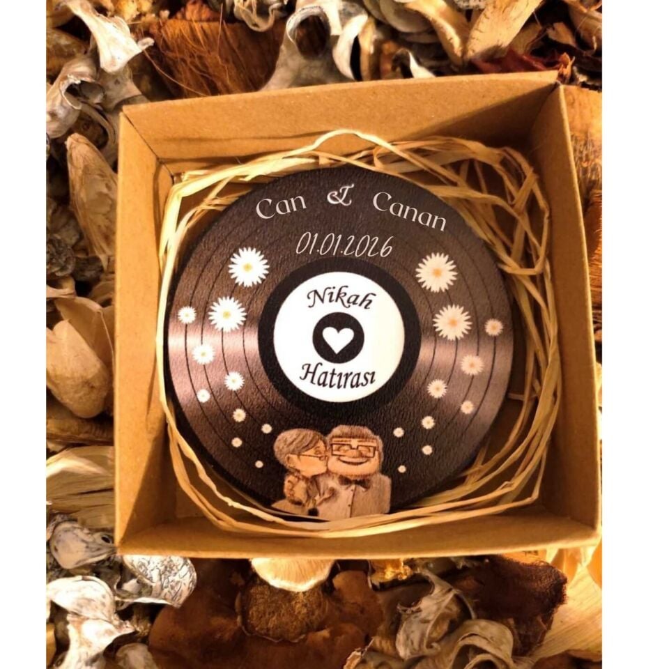 ''Nikah Hatırası'' Temalı Kişiye Özel Plak Görünümlü Bardak Altlığı & Magnet
