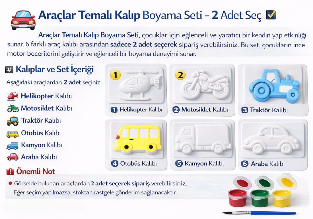 Araçlar Temalı Kalıp Boyama Seti – 2 Adet Seçmeli | Eğitici ve Eğlenceli Çocuk Boyama Seti