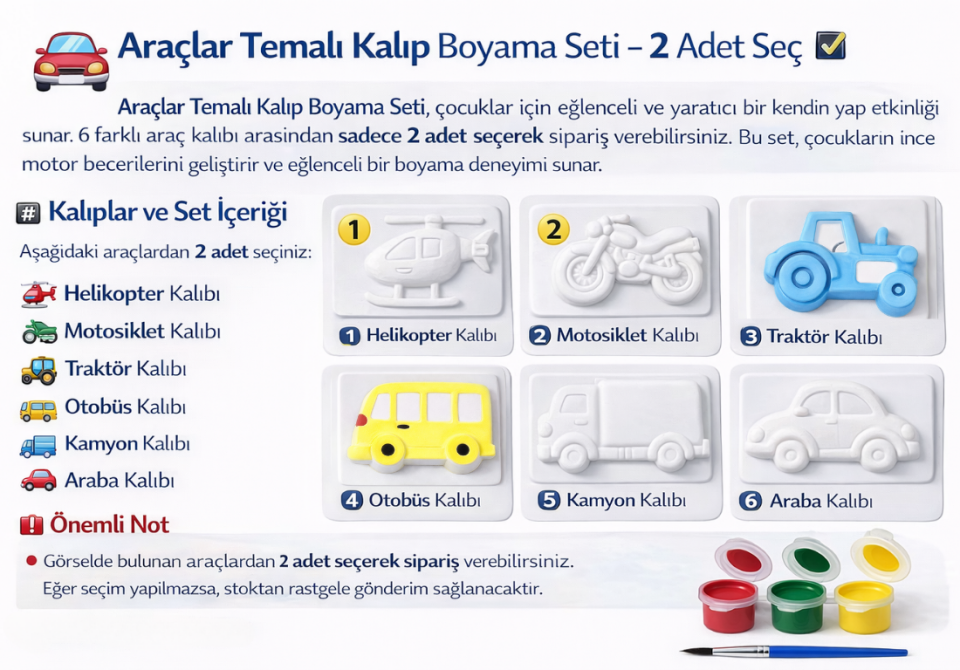 Araçlar Temalı Kalıp Boyama Seti – 2 Adet Seçmeli | Eğitici ve Eğlenceli Çocuk Boyama Seti