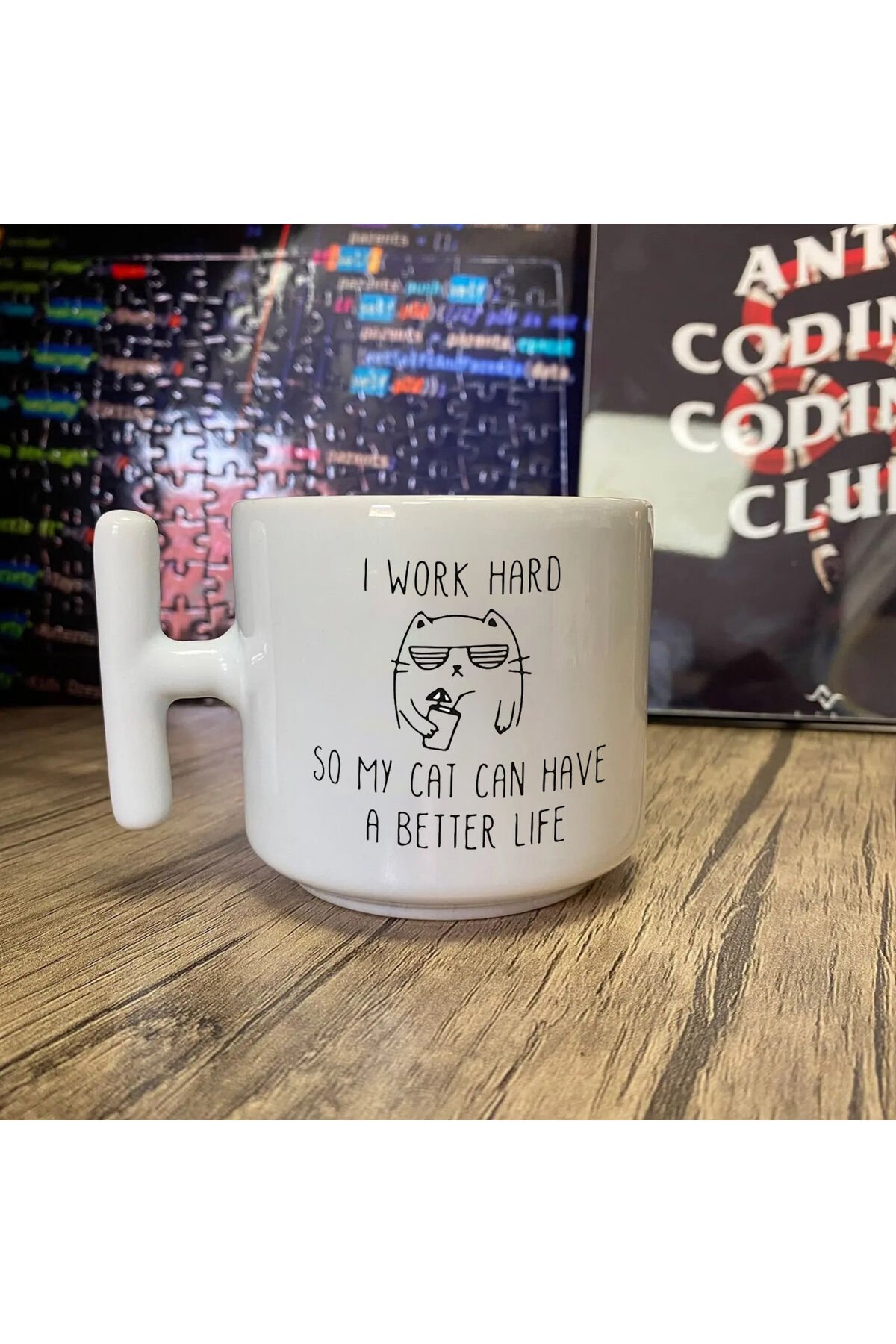 Kedi I Work Hard Beyaz Kupa