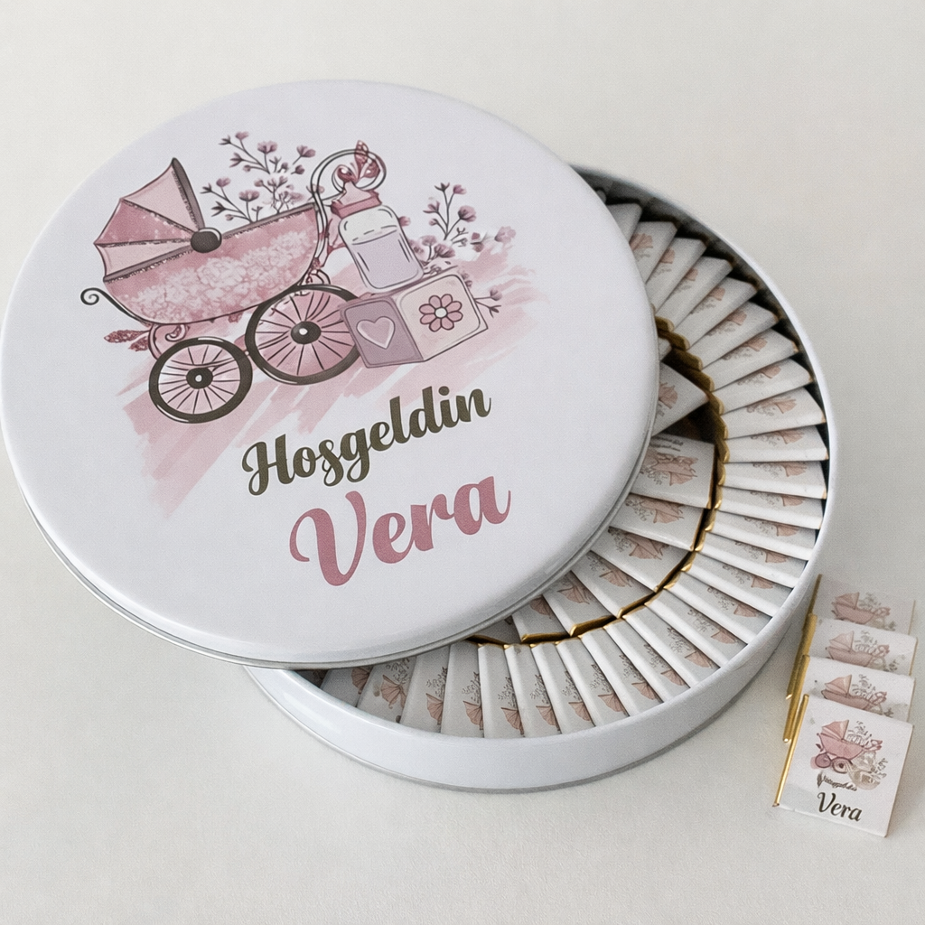 Kişiye Özel Bebek Çikolatası – Yuvarlak Metal Kutu