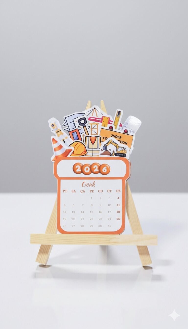 2026 İnşaat Temalı Masa Takvimi – Ahşap Şövale Standlı Dekoratif Takvim