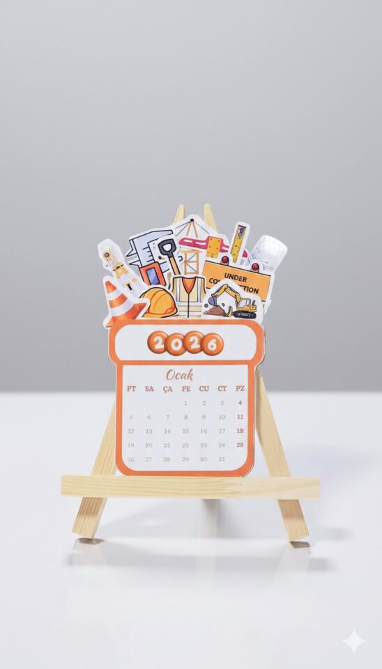 2026 İnşaat Temalı Masa Takvimi – Ahşap Şövale Standlı Dekoratif Takvim