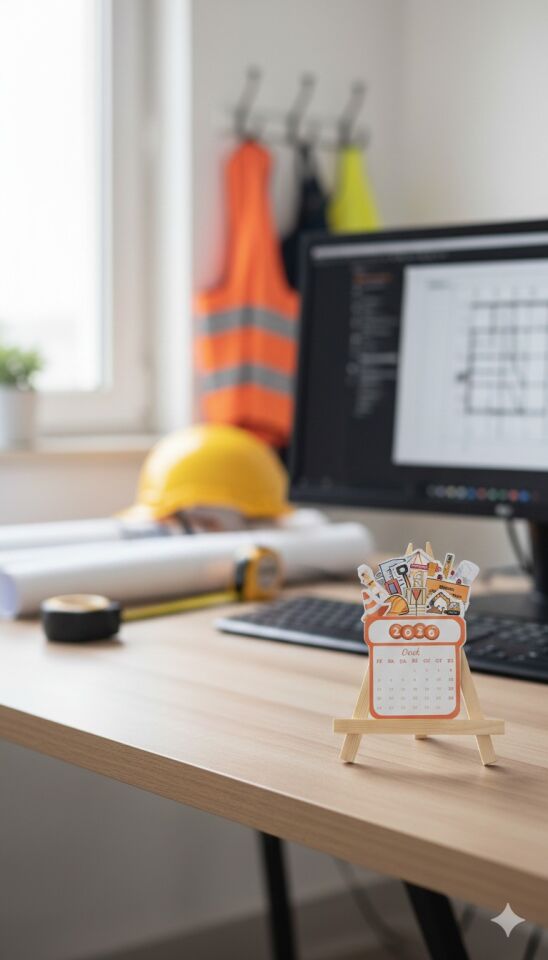 2026 İnşaat Temalı Masa Takvimi – Ahşap Şövale Standlı Dekoratif Takvim