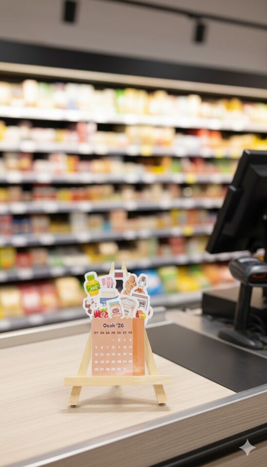 2026 Market & Gıda Temalı Masa Takvimi – Ahşap Şövale Standlı Dekoratif Takvim