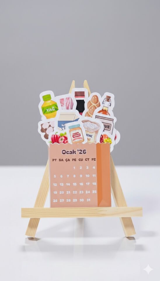 2026 Market & Gıda Temalı Masa Takvimi – Ahşap Şövale Standlı Dekoratif Takvim