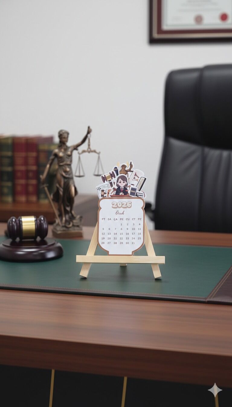 2026 Hukuk Temalı Masa Takvimi – Ahşap Şövale Standlı Avukat Ofis Takvimi