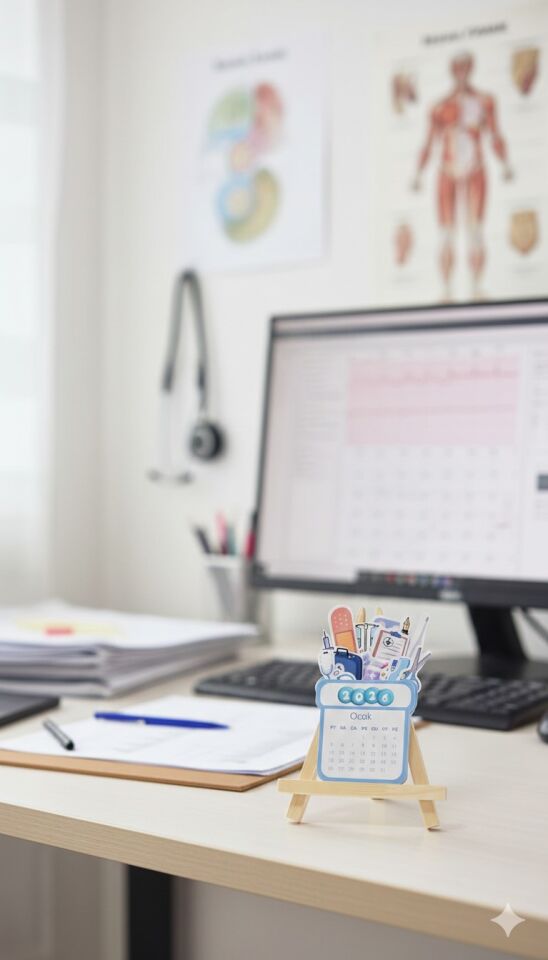 2026 Sağlık Temalı Masa Takvimi – Ahşap Şövale Standlı Doktor & Hemşire Ofis Takvimi