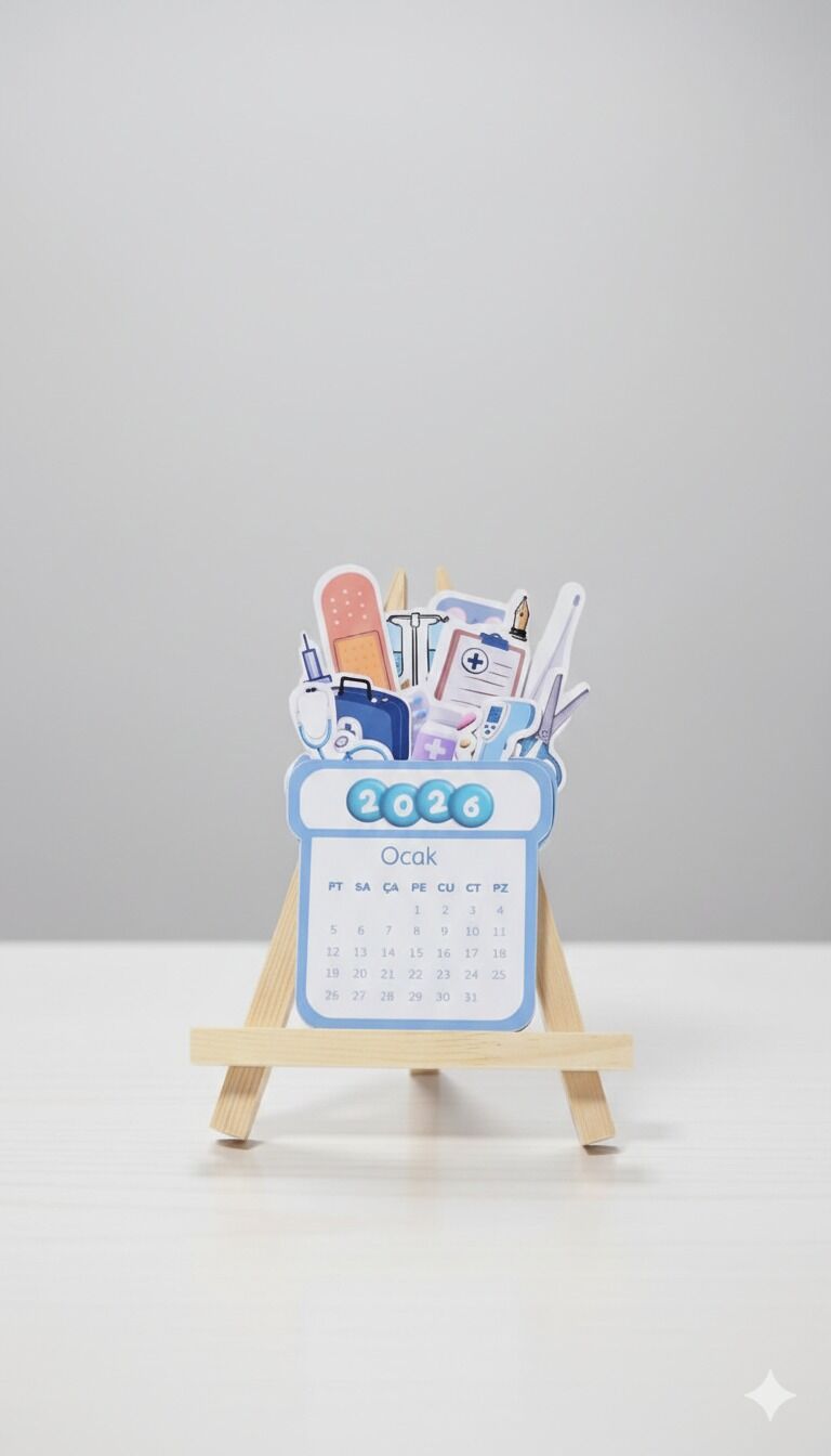 2026 Sağlık Temalı Masa Takvimi – Ahşap Şövale Standlı Doktor & Hemşire Ofis Takvimi