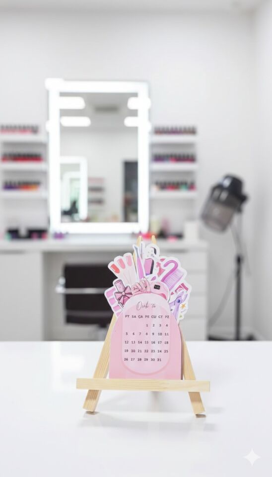 2026 Güzellik & Kuaför Temalı Masa Takvimi – Ahşap Şövale Standlı Dekoratif Takvim