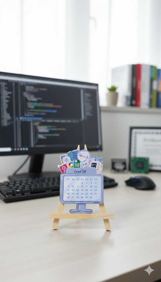 2026 Yazılım & Teknoloji Temalı Masa Takvimi – Ahşap Şövale Standlı Ofis Takvimi