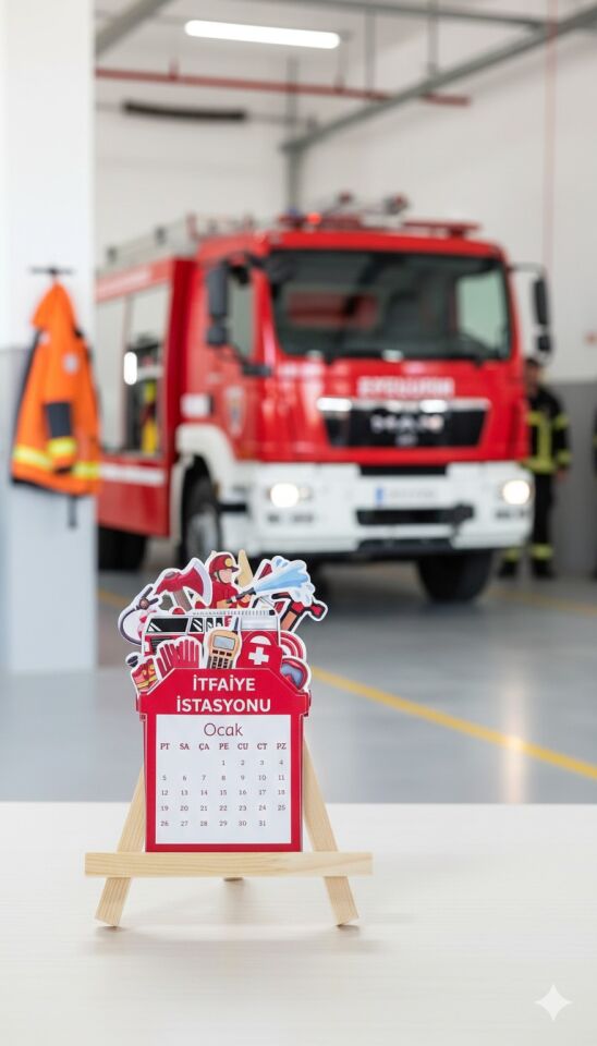 2026 İtfaiye Temalı Masa Takvimi – Ahşap Şövale Standlı Dekoratif Ofis Takvimi