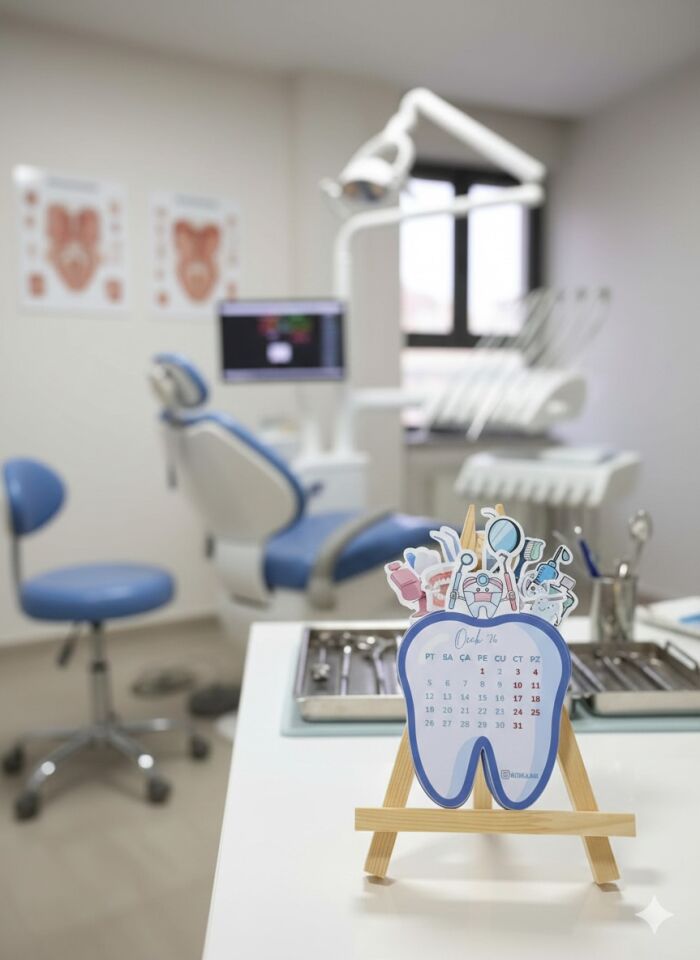 2026 Diş Hekimi Temalı Masa Takvimi – Diş Formlu Ahşap Standlı Ofis Takvimi