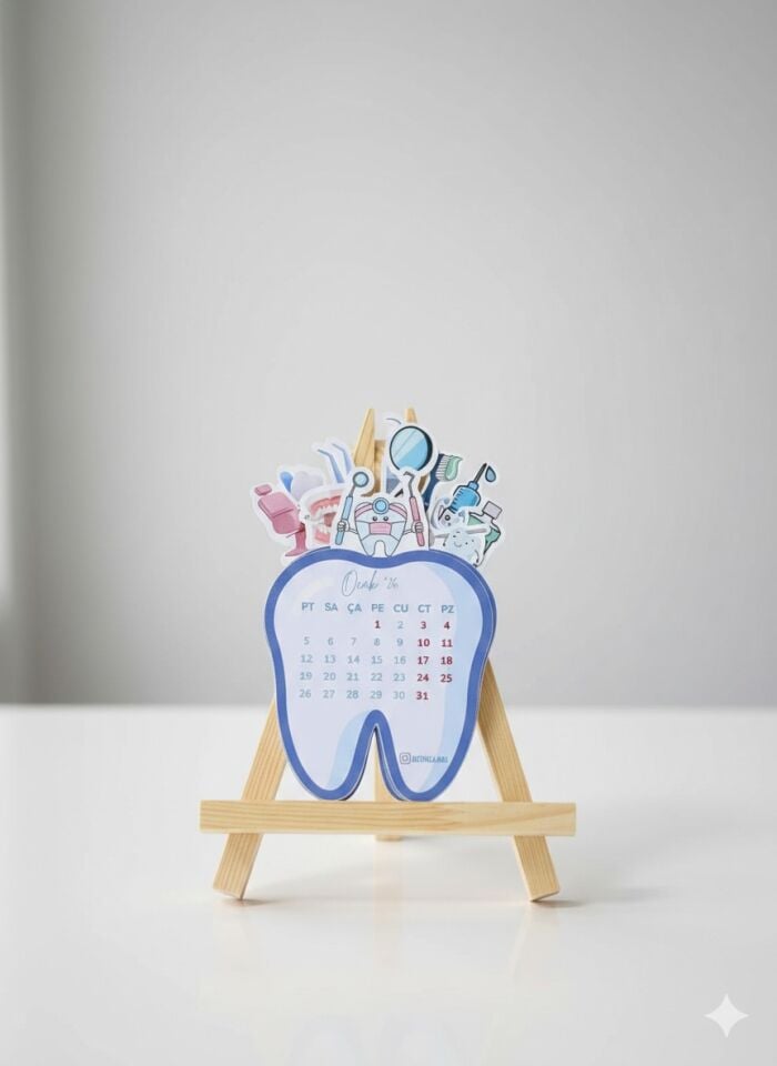 2026 Diş Hekimi Temalı Masa Takvimi – Diş Formlu Ahşap Standlı Ofis Takvimi
