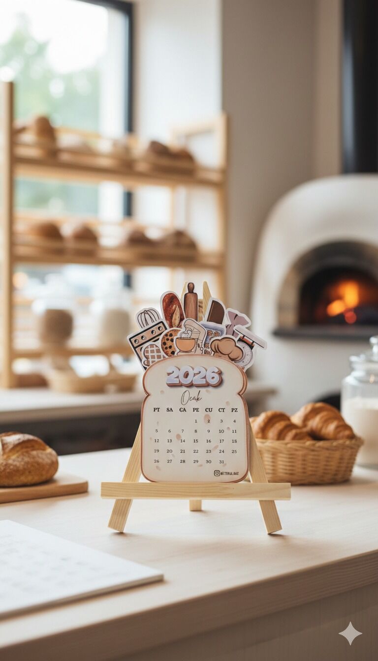 2026 Fırın & Pastane Temalı Masa Takvimi – Ahşap Şövale Standlı Dekoratif Takvim