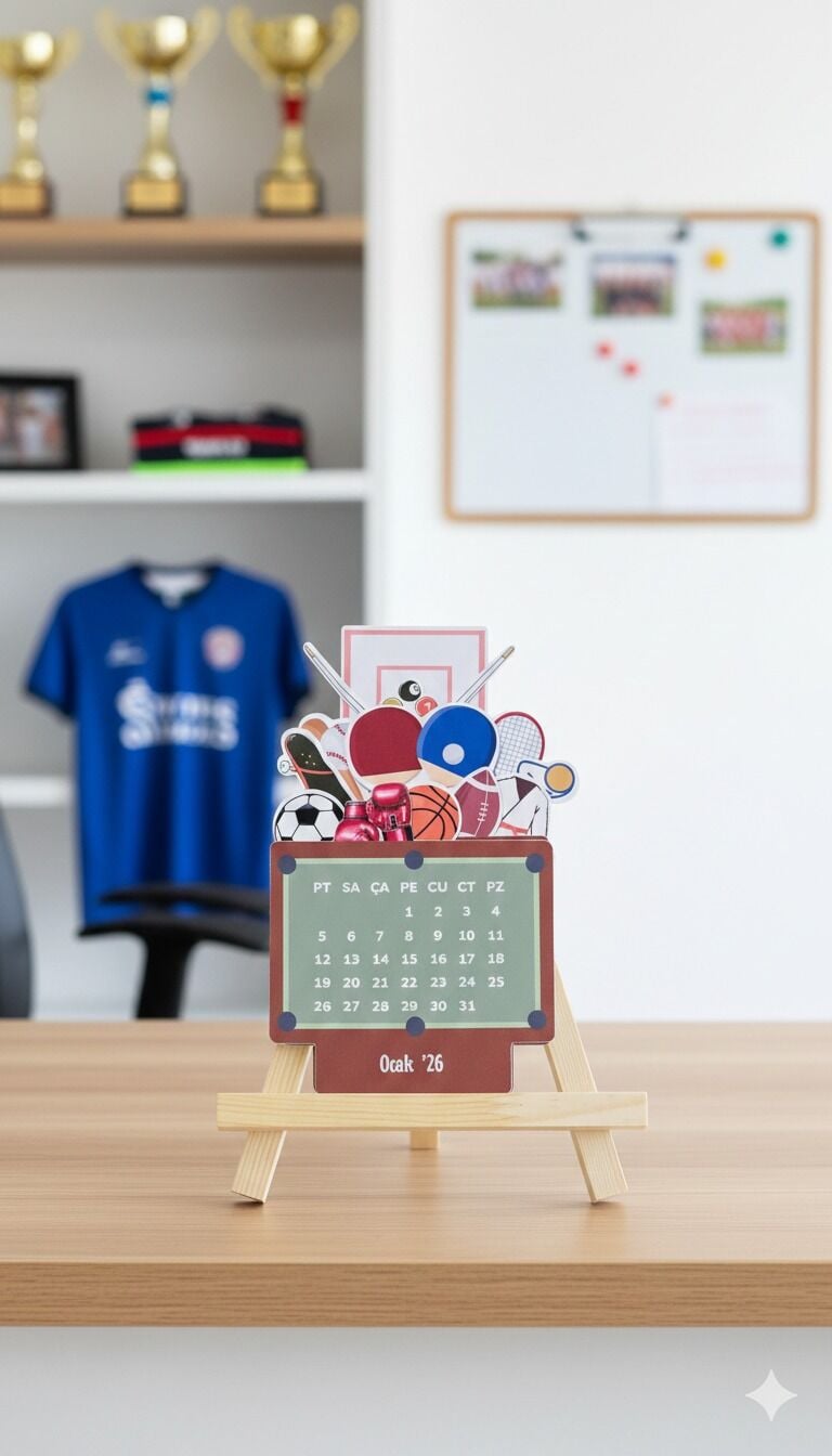 2026 Spor Temalı Masa Takvimi – Ahşap Şövale Standlı Dekoratif Ofis Takvimi