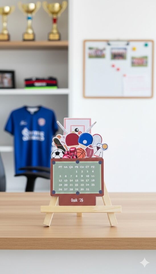 2026 Spor Temalı Masa Takvimi – Ahşap Şövale Standlı Dekoratif Ofis Takvimi
