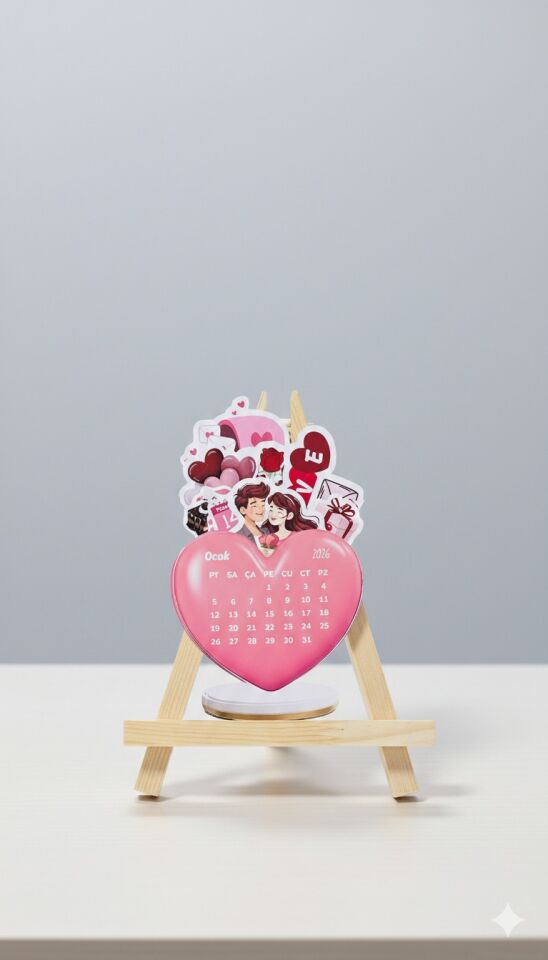 2026 Kalp Tasarımlı Aşk Temalı Masa Takvimi – Ahşap Standlı Dekoratif Sevgililer Takvimi