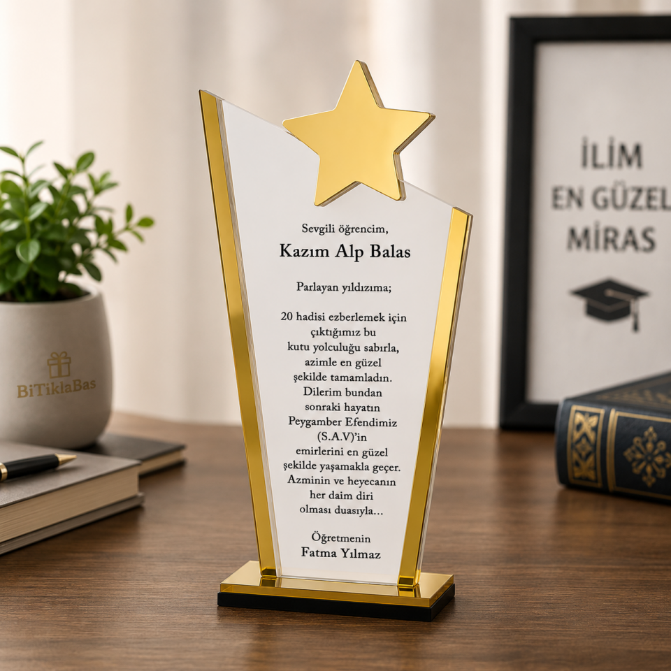 Kişiye Özel Yıldızlı MDF Plaket - Aynalı Pleksi Detaylı Ödül ve Teşekkür Plaketi